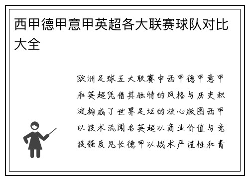 西甲德甲意甲英超各大联赛球队对比大全